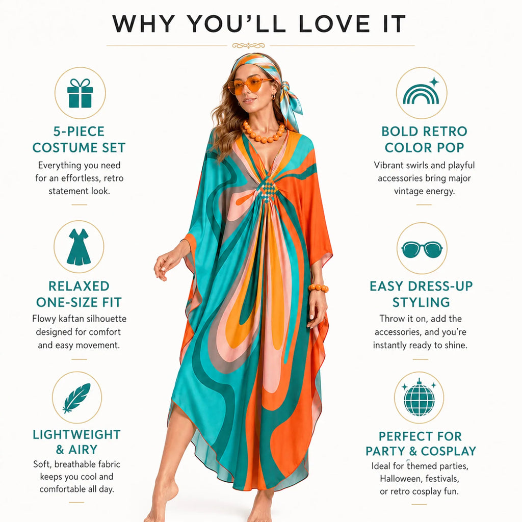 Women's five-piece retro kaftan costume set with one-size relaxed fit features