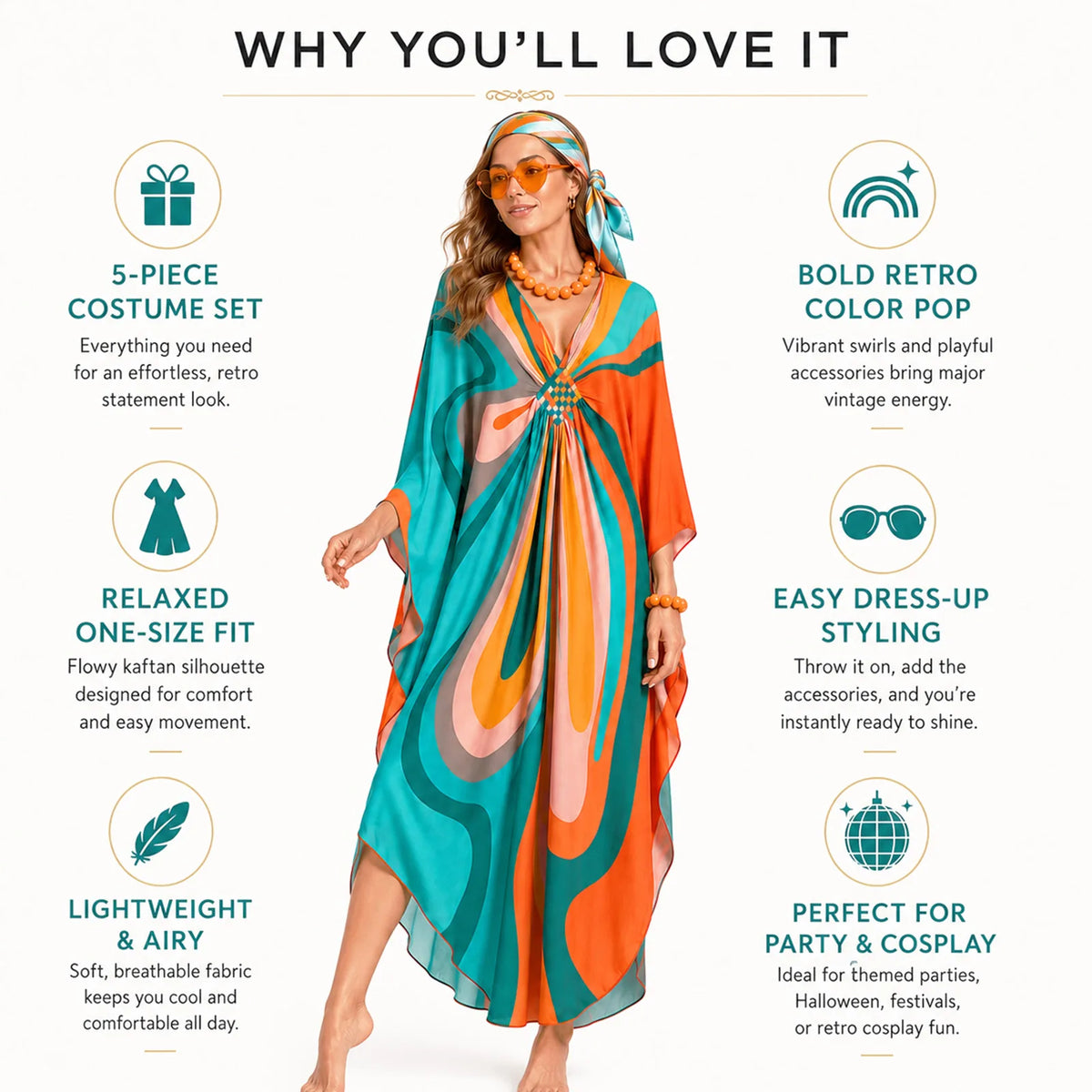 Women's five-piece retro kaftan costume set with one-size relaxed fit features