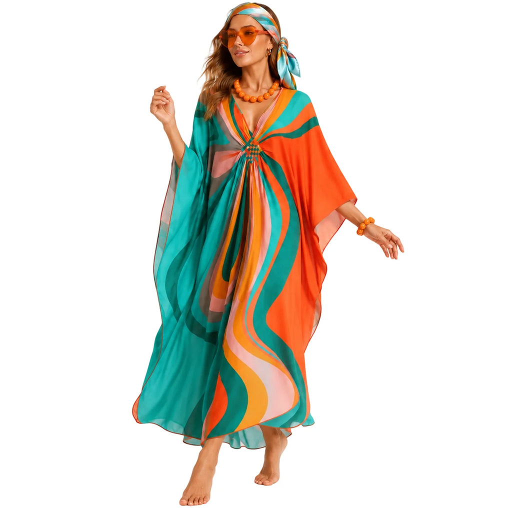 Front view of woman wearing colorful retro kaftan costume and accessories