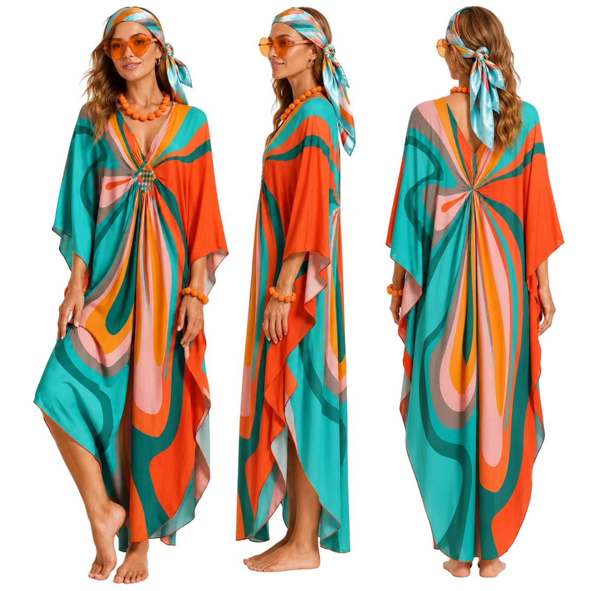 Women's colorful retro kaftan costume shown from multiple angles and viewpoints