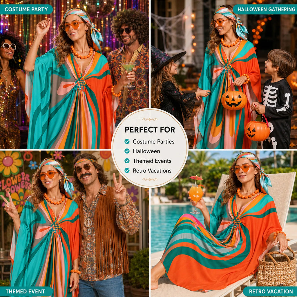 Collage of the women's retro kaftan costume styled for a costume party, Halloween gathering, themed event and retro vacation.