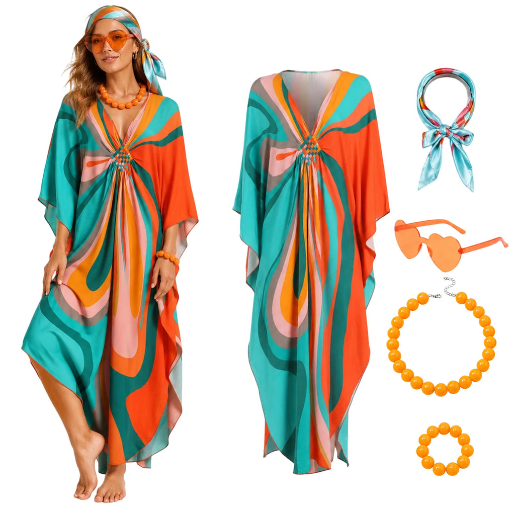 Women's colorful 70s kaftan costume set with headscarf heart sunglasses necklace and bracelet
