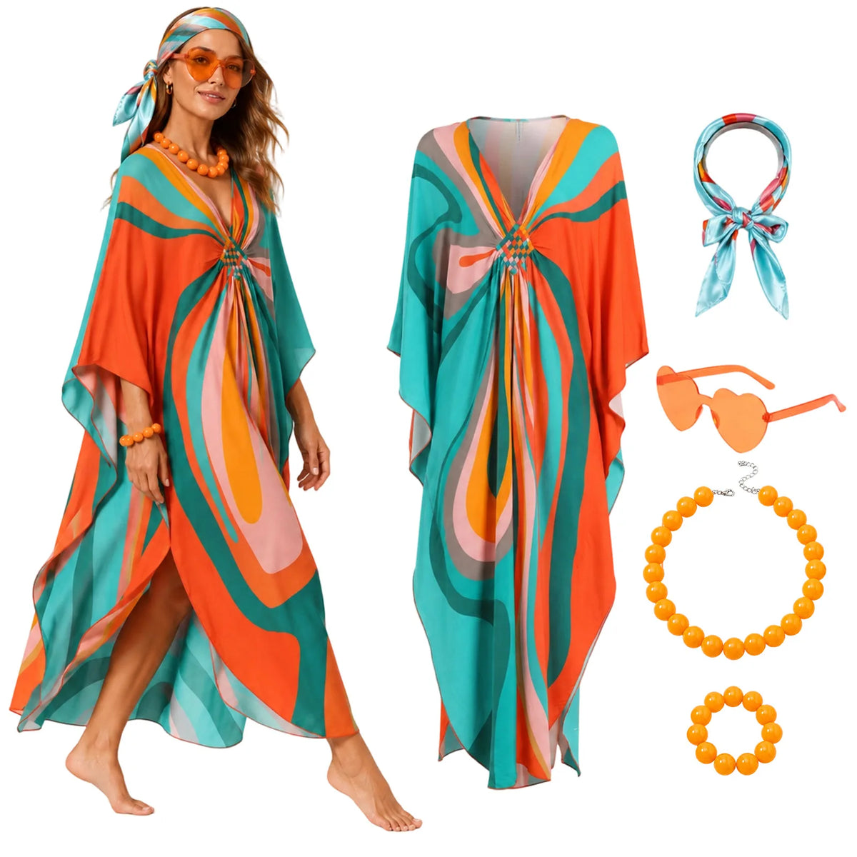 Five-piece women's retro kaftan costume set in orange turquoise pink and green