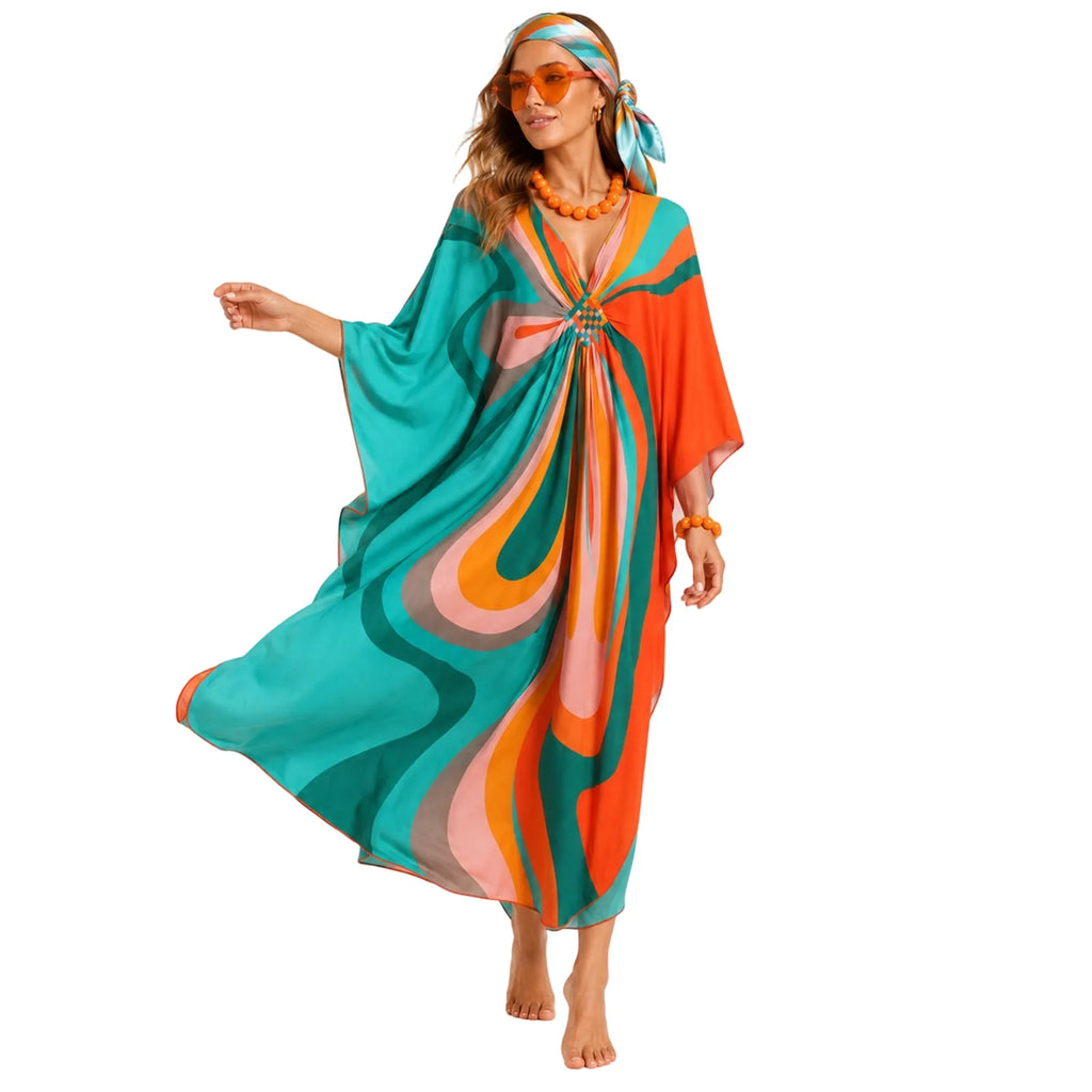 Alternate view of women's 70s kaftan costume with headscarf and sunglasses