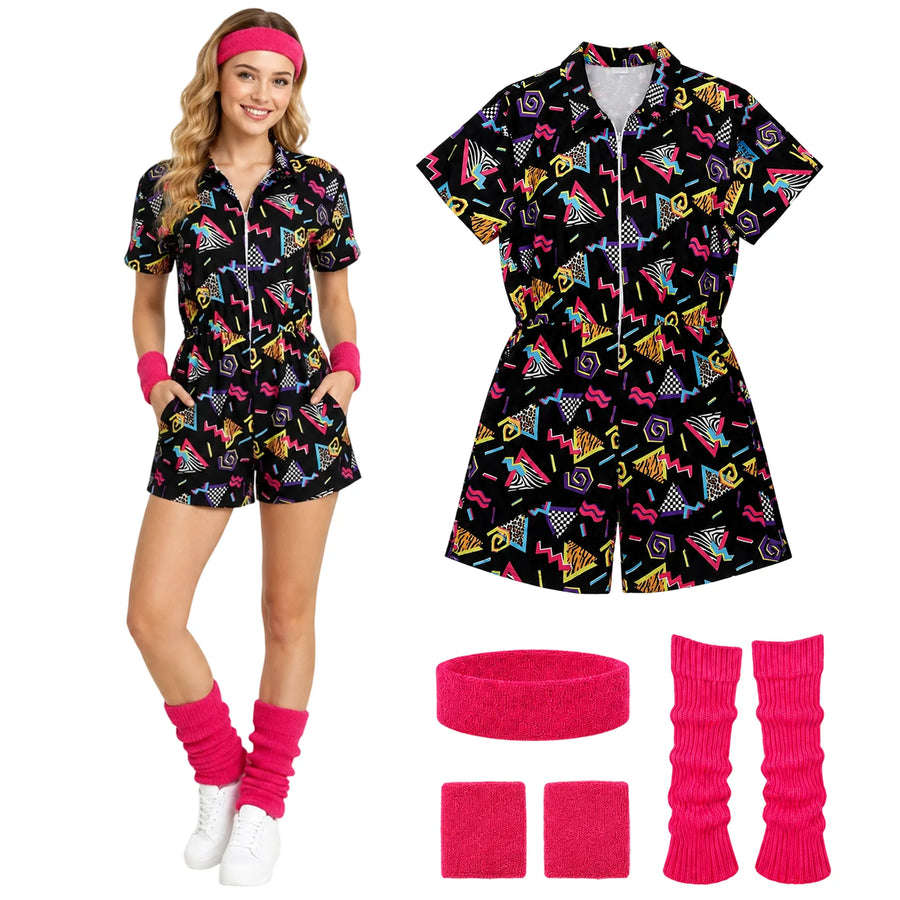 Woman wearing a geometric print short romper beside pink headband wristbands and leg warmers.