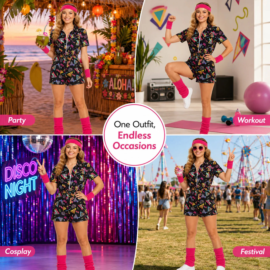 Scenes show the printed romper with pink accessories at a party disco and festival settings.
