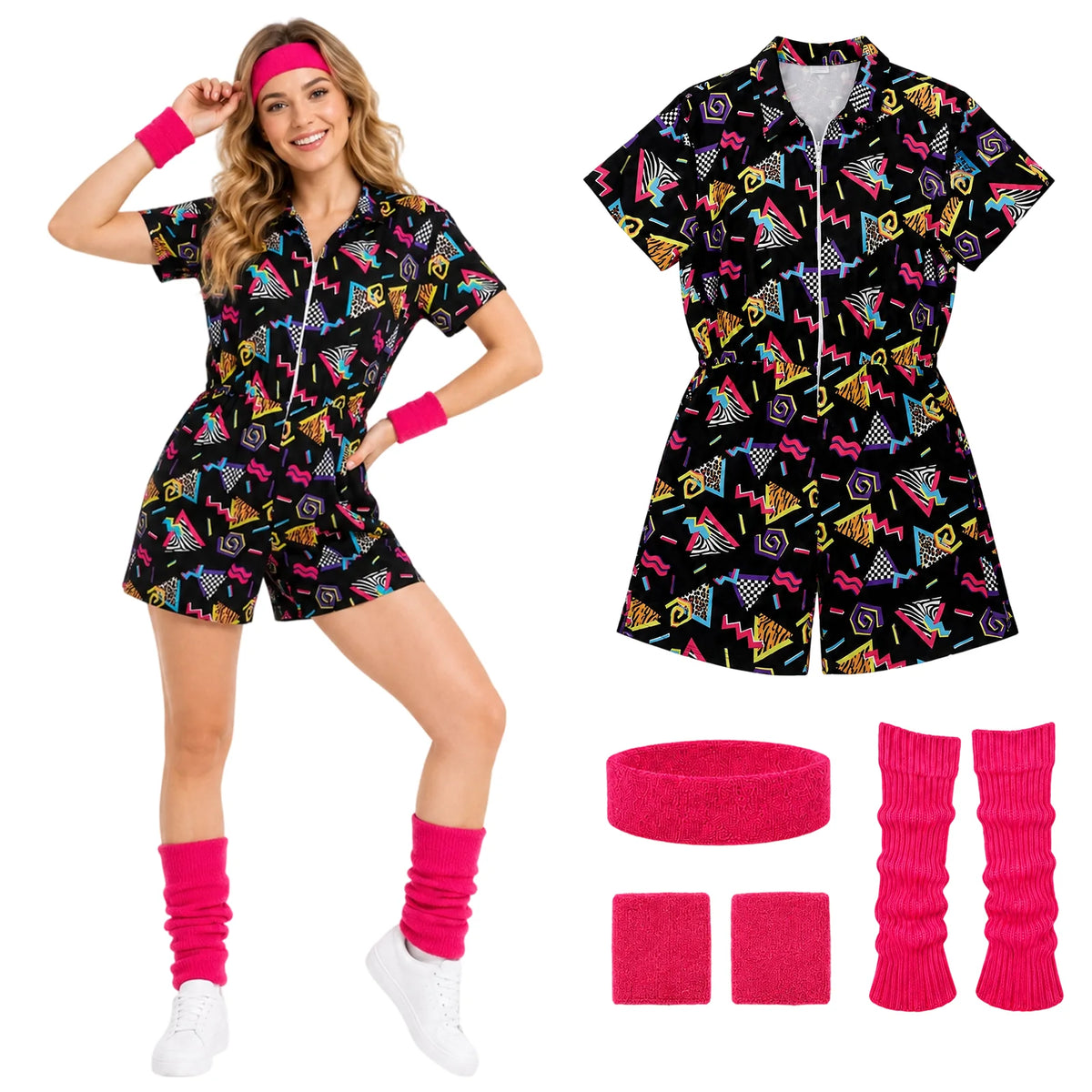 Printed short sleeved romper shown with pink headband pair of wristbands and pair of leg warmers.
