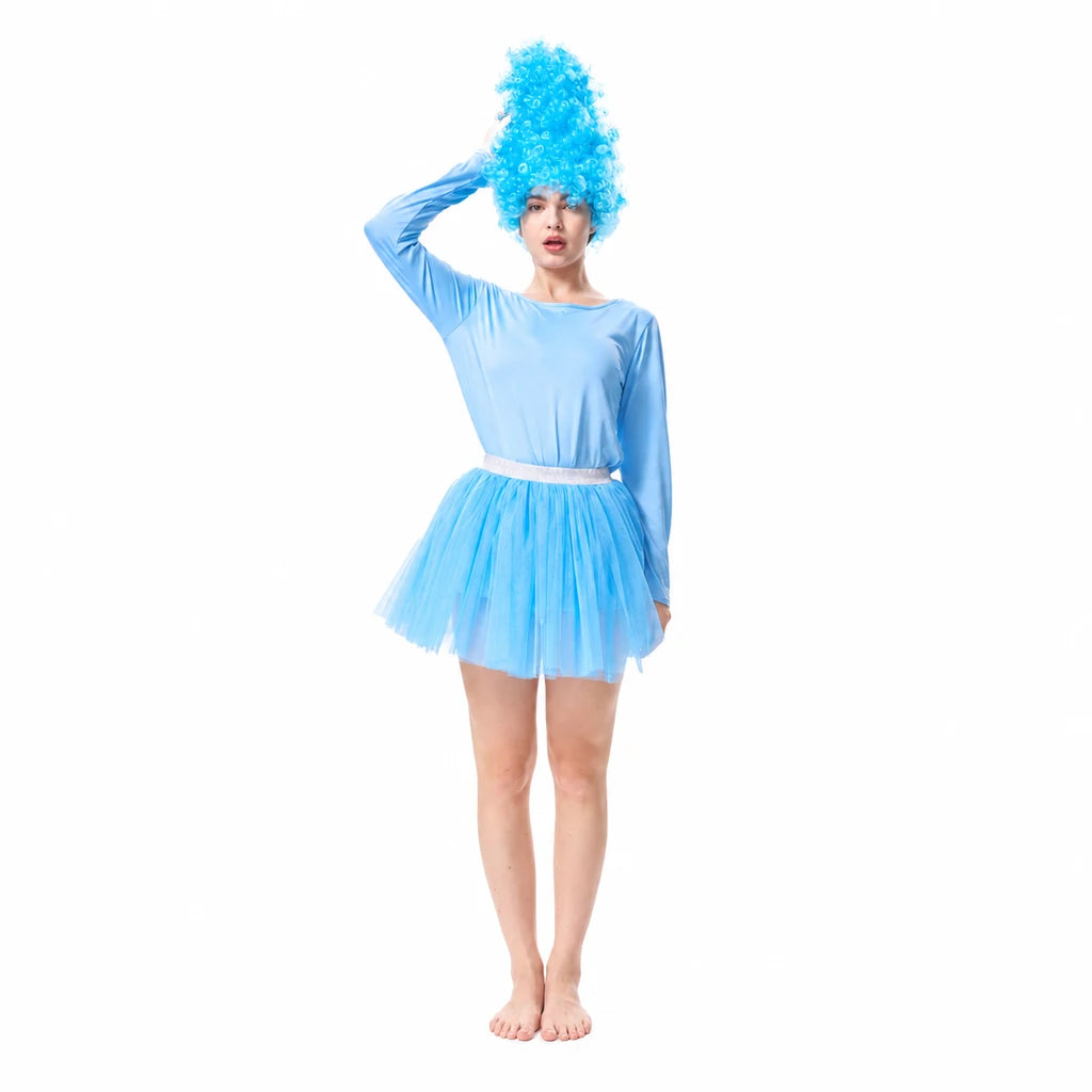 Woman posing in a blue 80s workout costume with tall blue curly wig