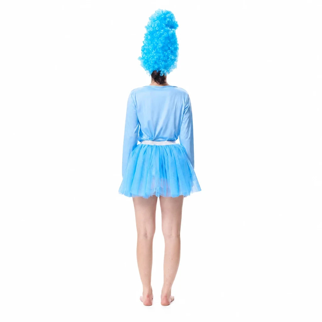 Back view of women's blue 80s workout costume with layered tutu skirt