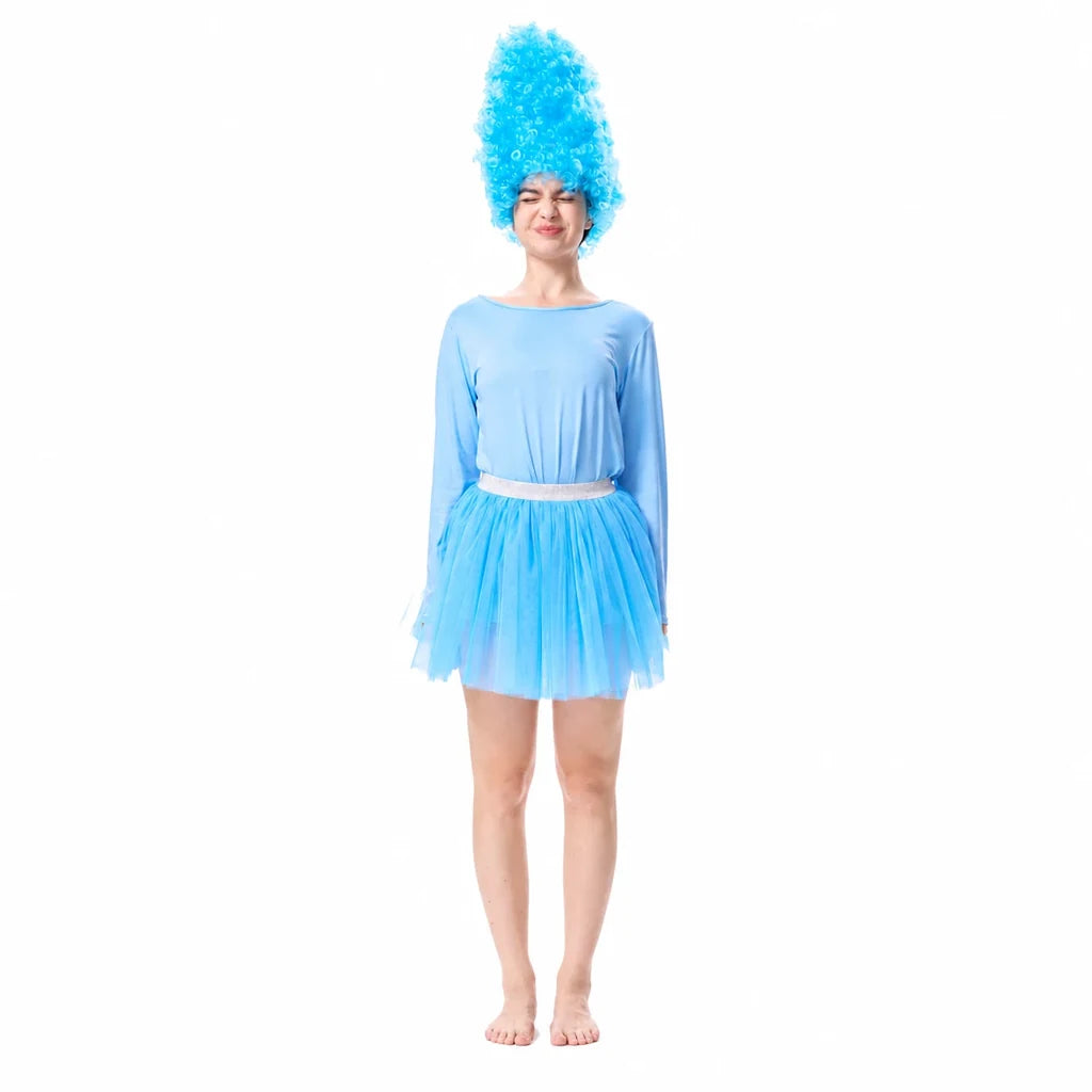 Woman wearing a blue 80s workout costume with a tall blue curly wig