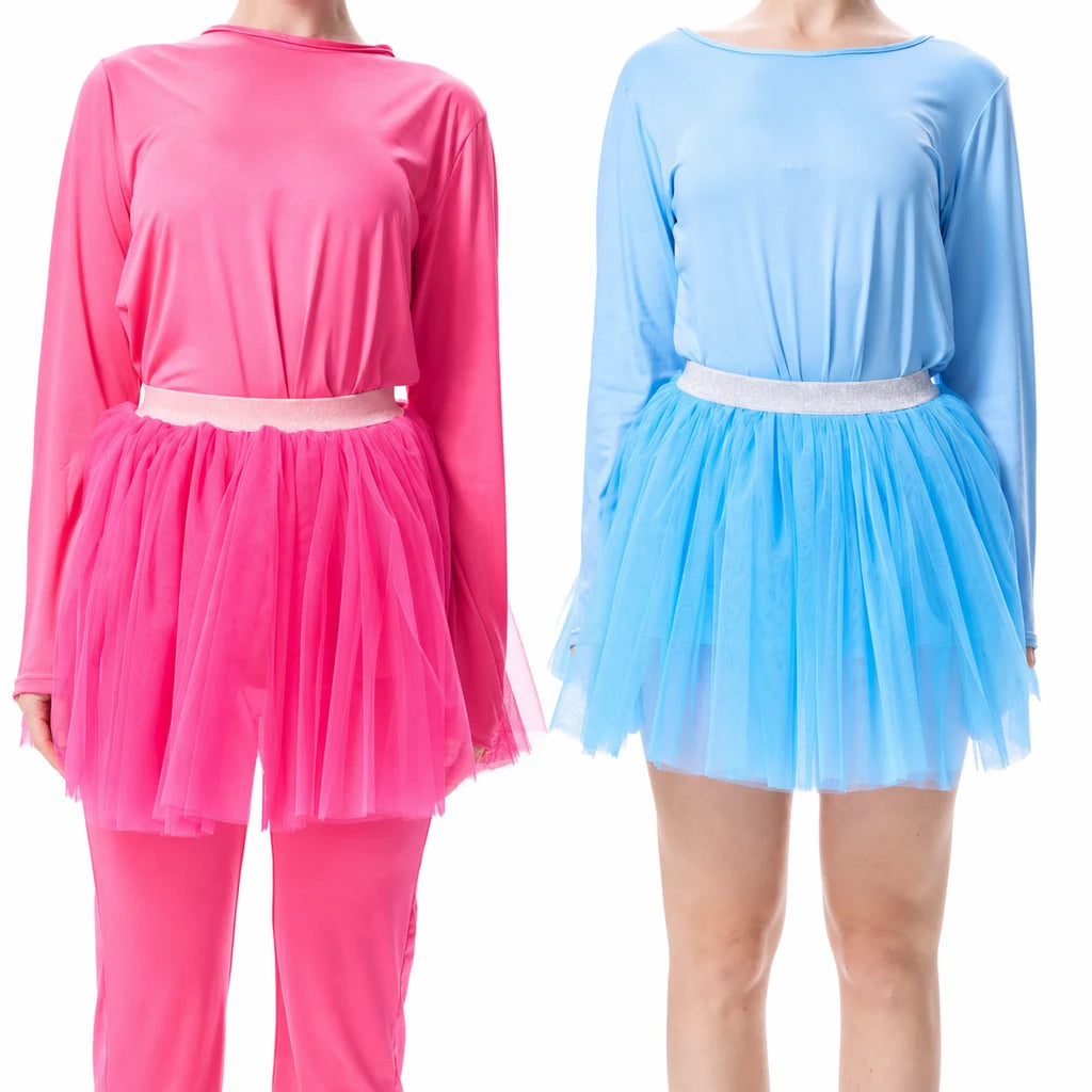 Hot pink and blue 80s workout costume fabric, waistband, and tulle skirt details