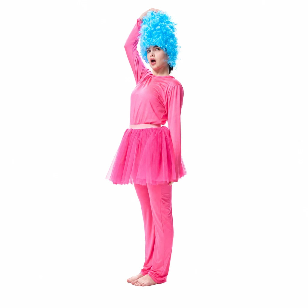  Three-quarter view of women's hot pink 80s workout costume with blue curly wig