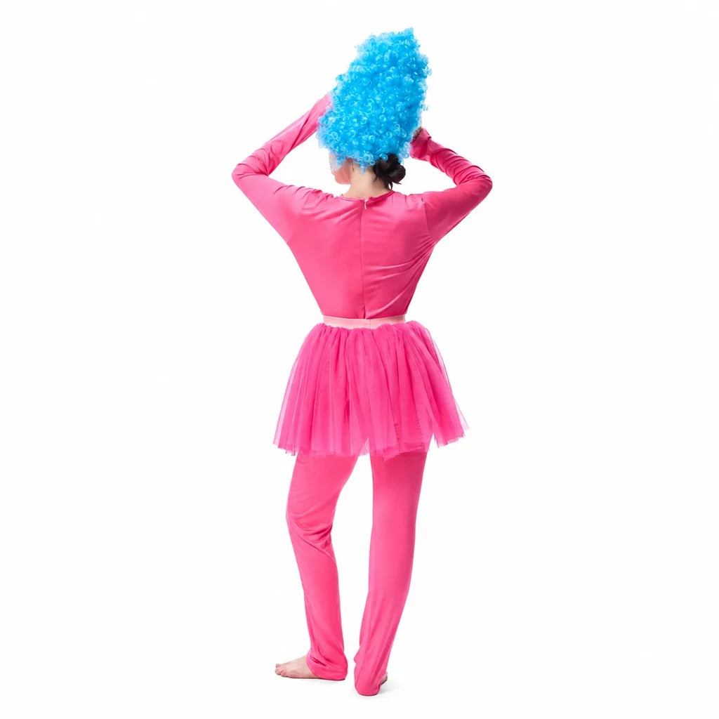 Back view of women's hot pink 80s workout costume with blue curly wig
