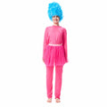 Woman wearing a hot pink 80s workout costume with a tall blue curly wig