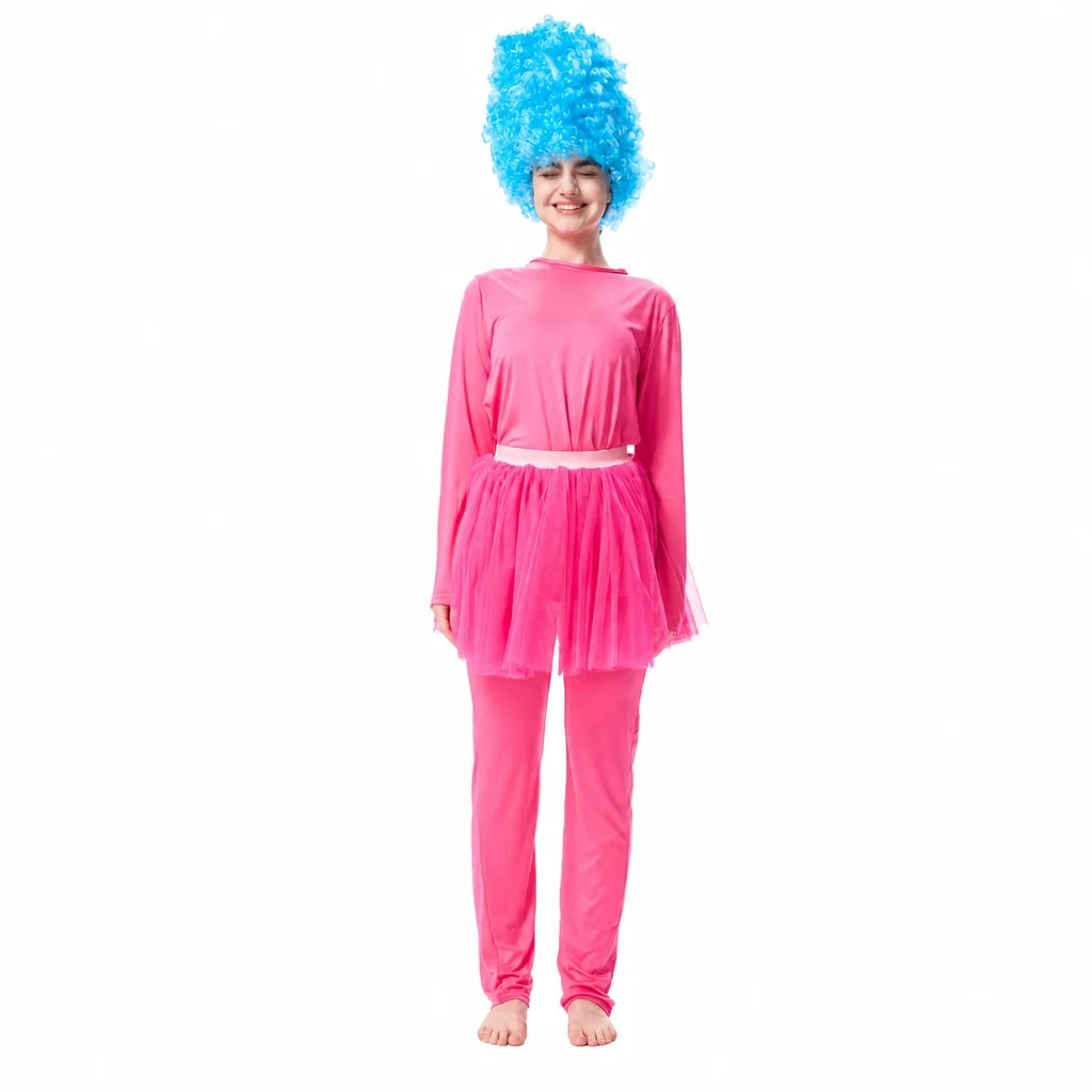 Woman wearing a hot pink 80s workout costume with a tall blue curly wig