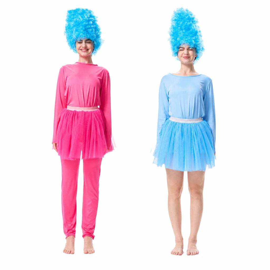 Hot pink and blue women's 80s workout costume styles shown side by side
