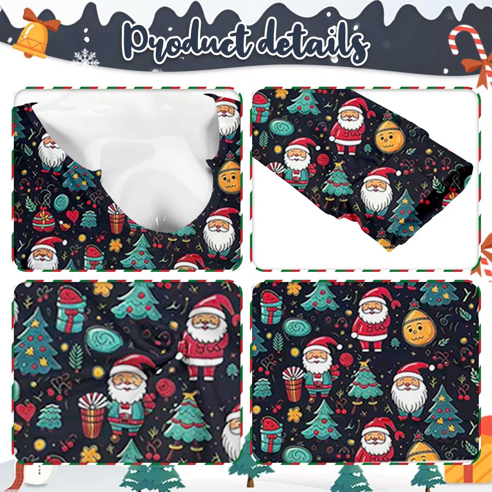 Black santa and christmas tree print onesie fabric print neckline and seam details