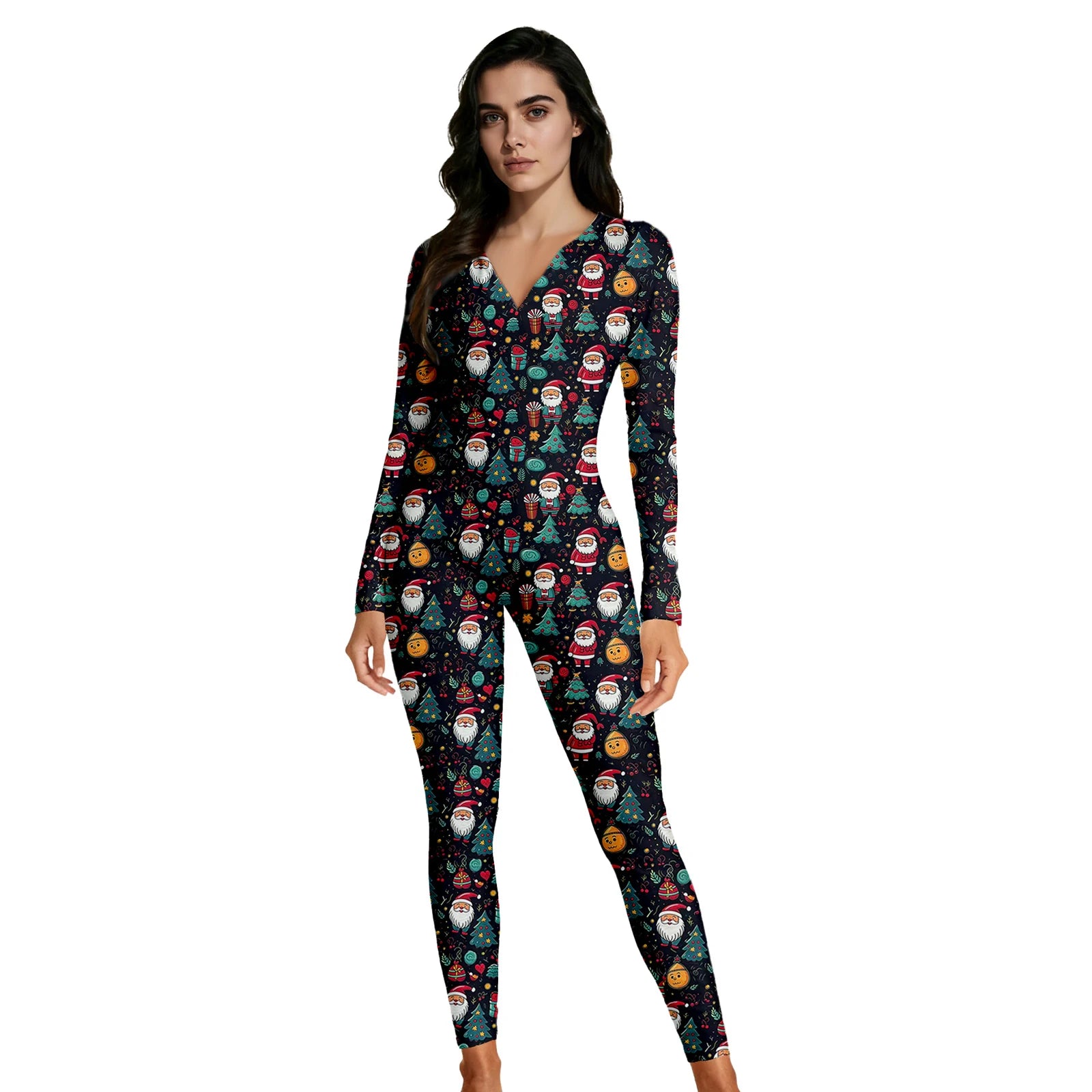 Women's black Santa and Christmas tree print onesie fit and profile views