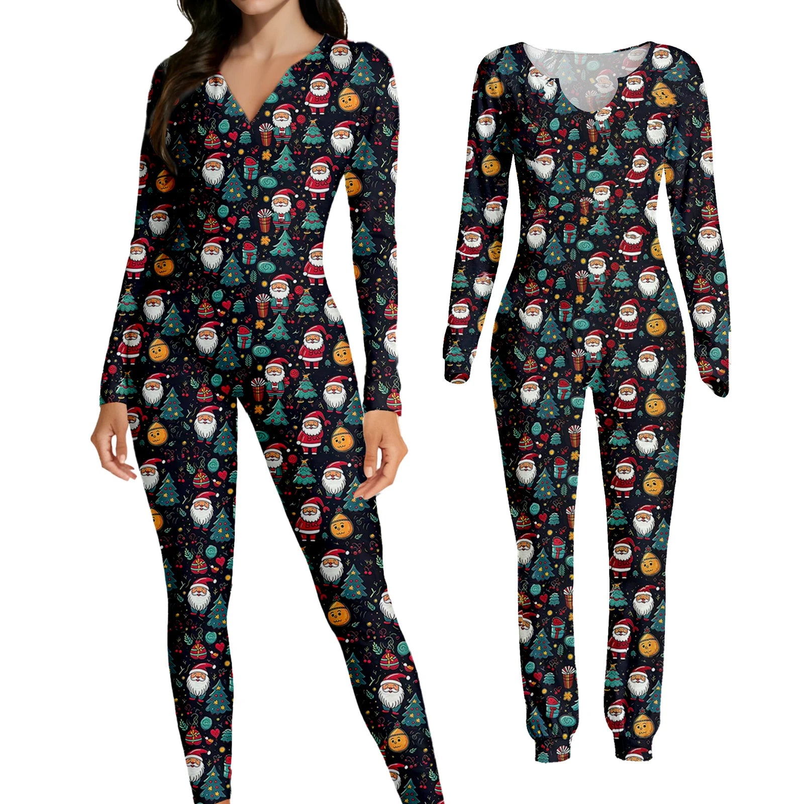 Women's black Santa and Christmas tree print jumpsuit shown from the front and back