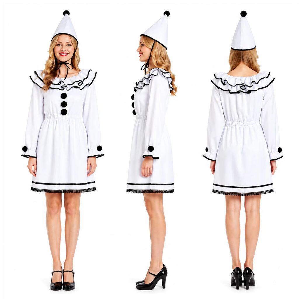 Full-length view of the women's black and white clown costume