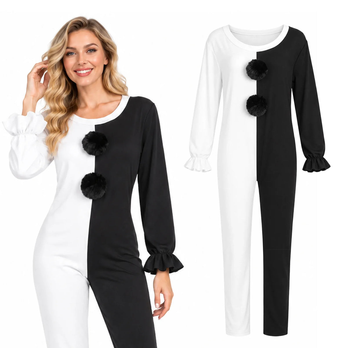 A woman models the Art the Clown-inspired split black-and-white jumpsuit beside a full product view.
