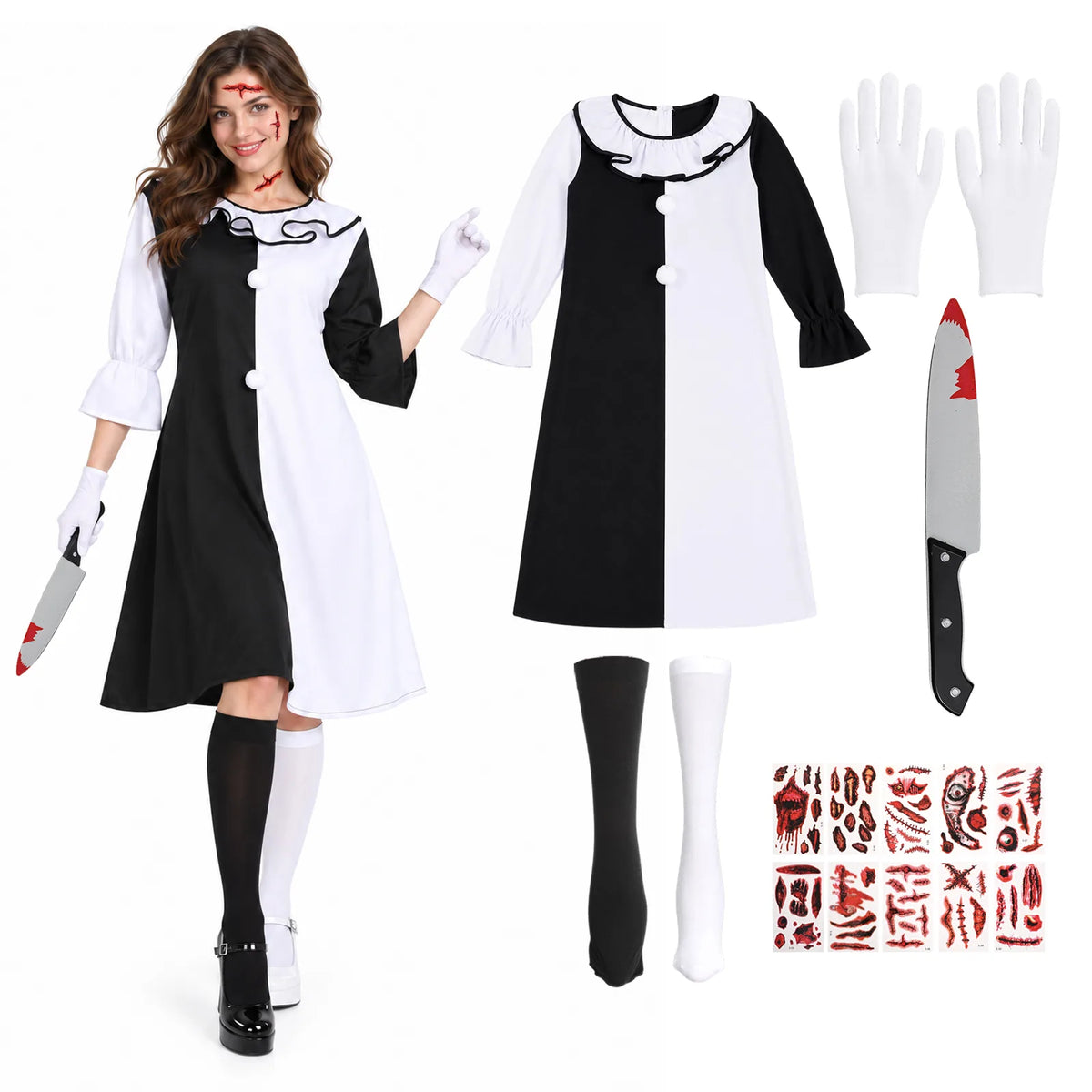 The Art the Clown-inspired costume set shows the black-and-white dress, white gloves, mismatched socks, prop knife and scar tattoo sheets.