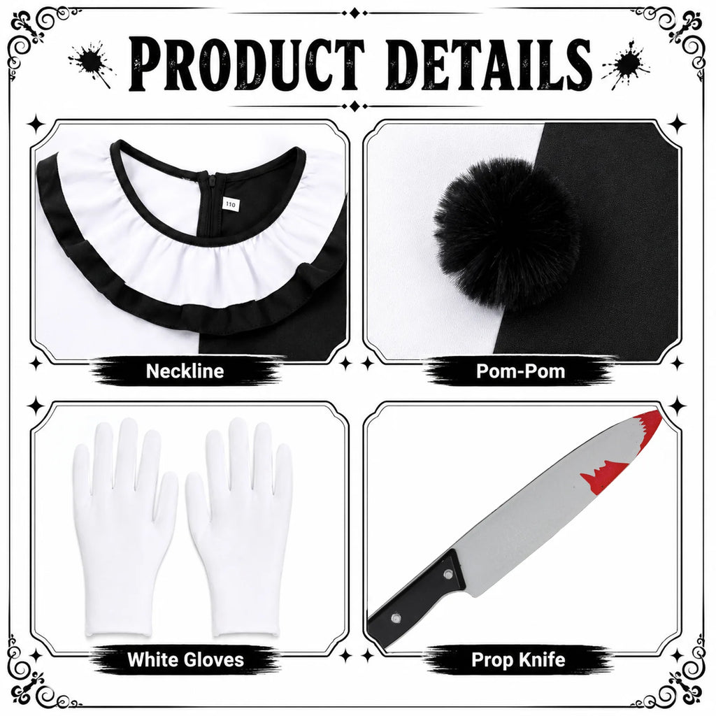 Close-up details of the mime clown costume's ruffle neckline, pom-poms, white gloves and prop knife.
