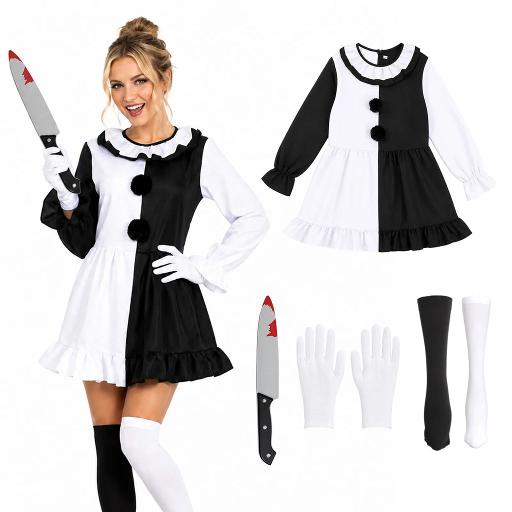 Art the Clown-inspired black and white clown dress shown on a model beside the included gloves, mismatched socks and prop knife.