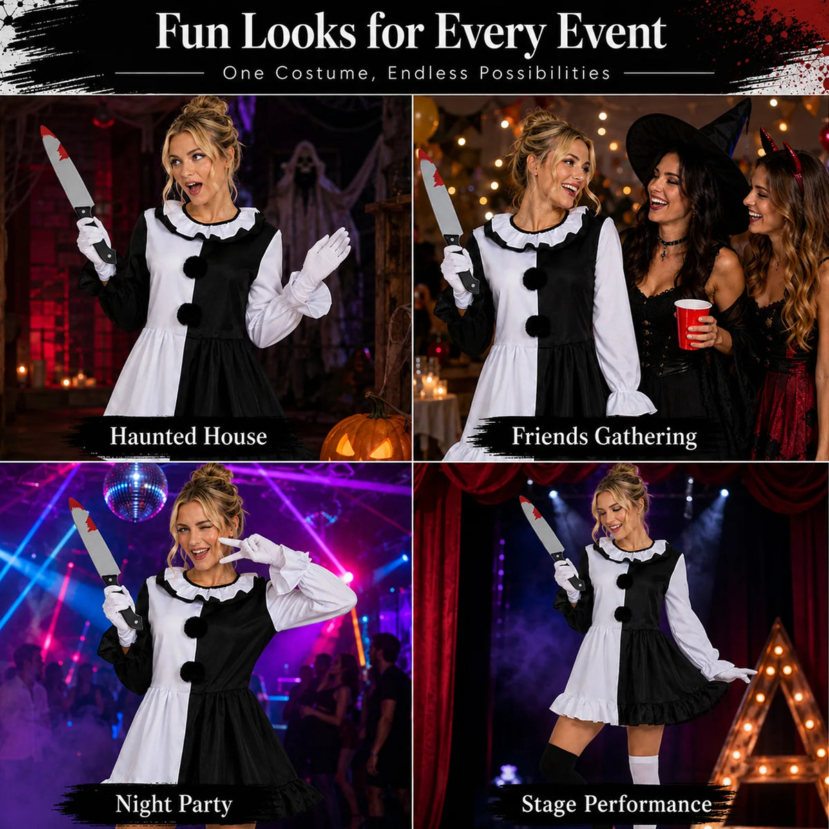 Women's black and white mime clown costume styled for a haunted house, party and stage performance.