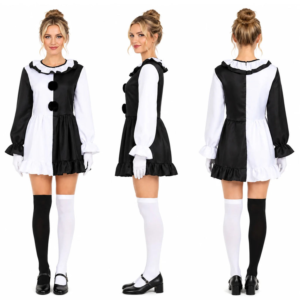Women's black and white mime clown costume shown from the front, side and back.
