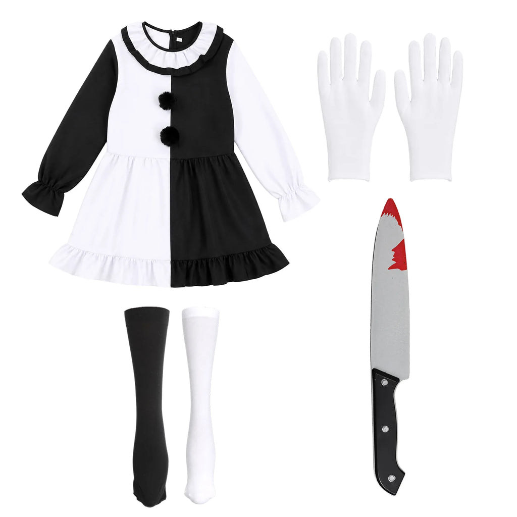 Women's black and white mime clown costume pieces arranged with gloves, socks and prop knife.