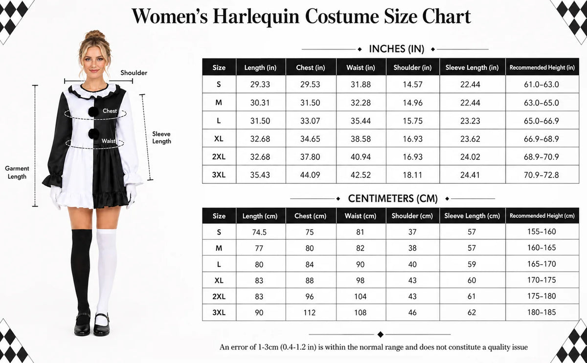 Measurement chart for the women's black and white mime clown costume in sizes S through 3XL.