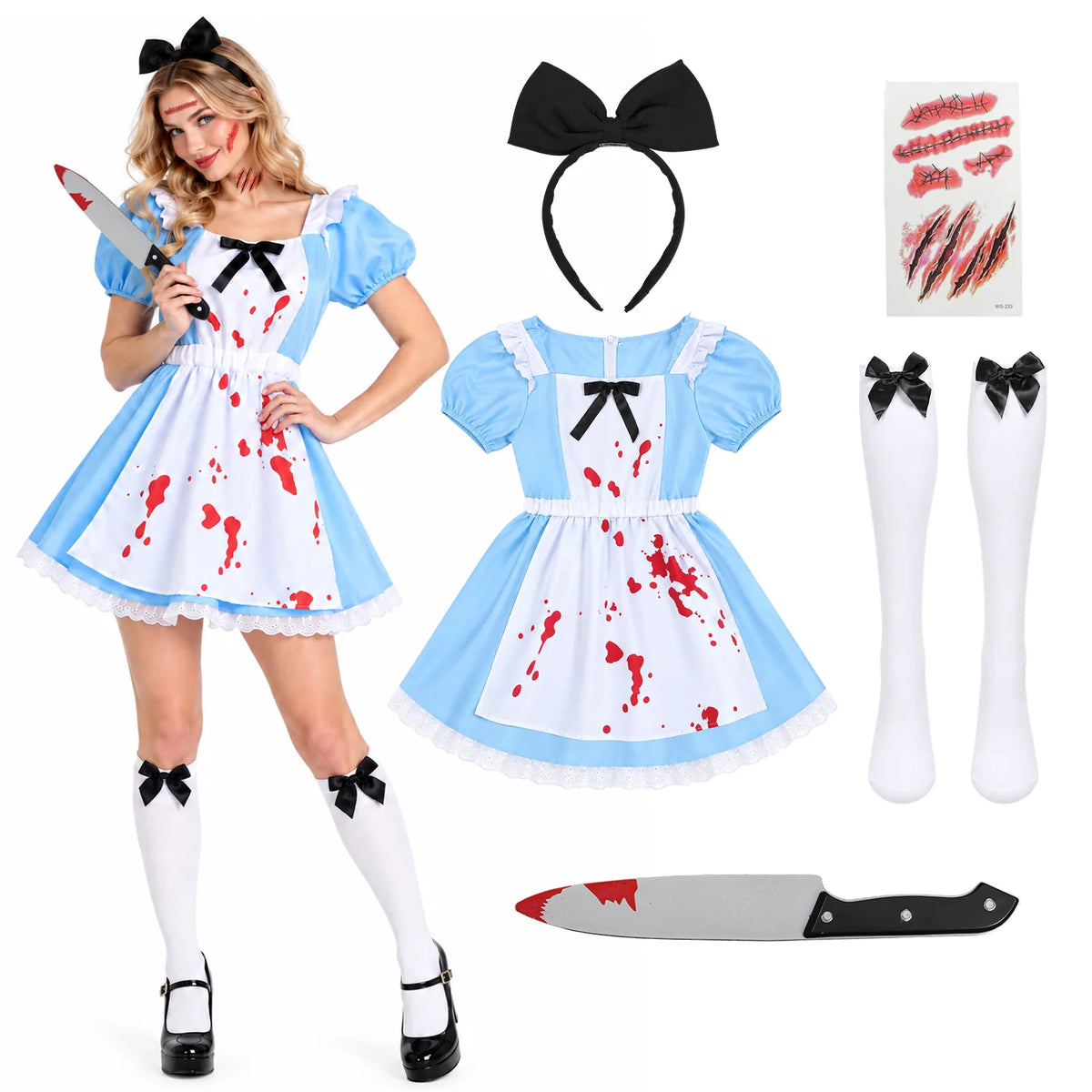 Alice in Wonderland-inspired five-piece costume with a blue blood-splatter dress, bow headband, socks, prop knife and tattoo stickers.