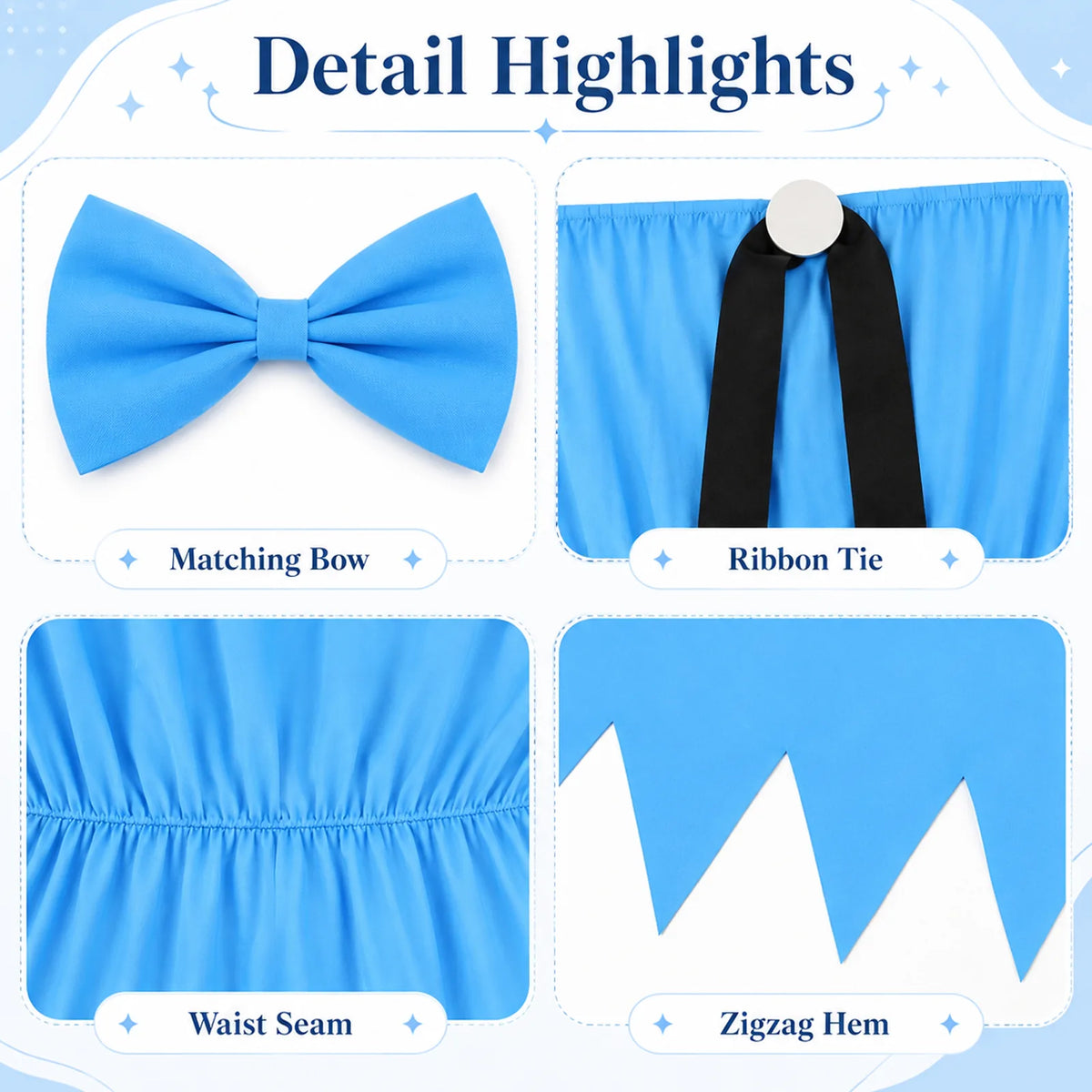 Close-up details of the blue cavewoman costume dress, matching bow, waist seam, and jagged hem.