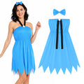 Women’s blue cavewoman costume dress with matching bow, front view.