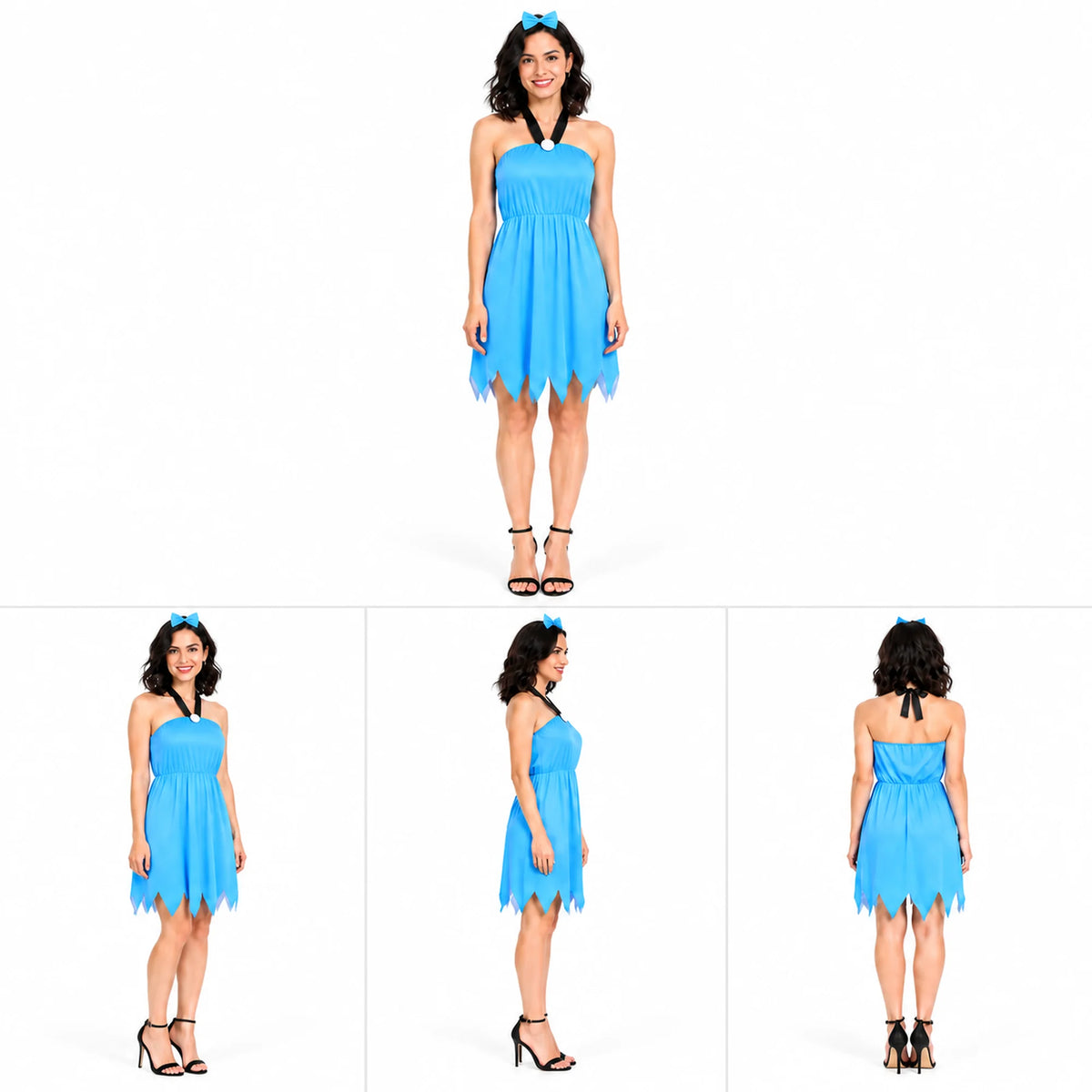 Women’s blue cavewoman costume shown in front, three-quarter, side, and back views.