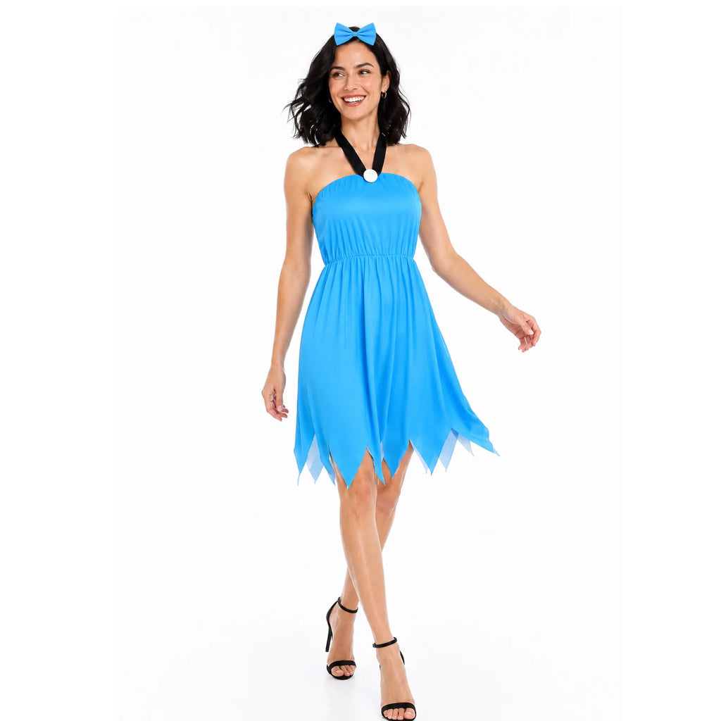 Blue jagged-hem cavewoman dress and matching bow shown from multiple angles.