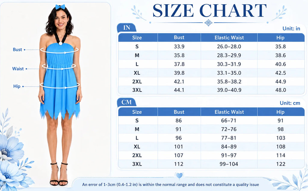 Women’s blue cavewoman costume size chart with measurements for S through 3XL.