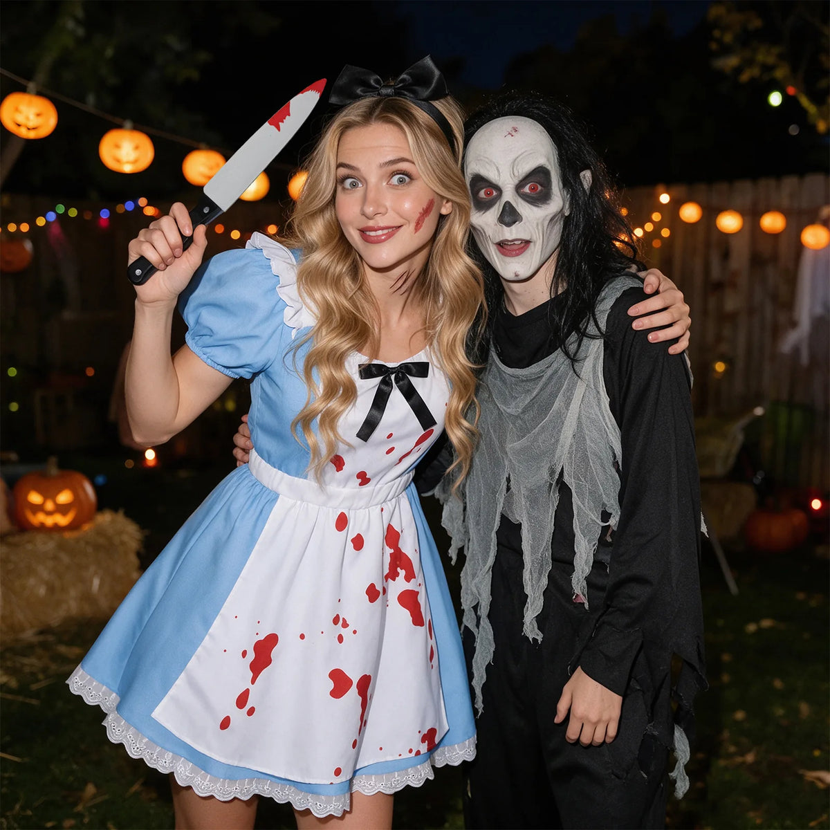 Woman in an Alice in Wonderland-inspired blue horror costume posing with other Halloween party guests.