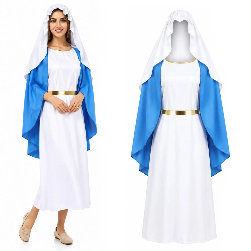 Women's blue and white medieval lady costume shown on a model beside the complete dress, veil and belt.