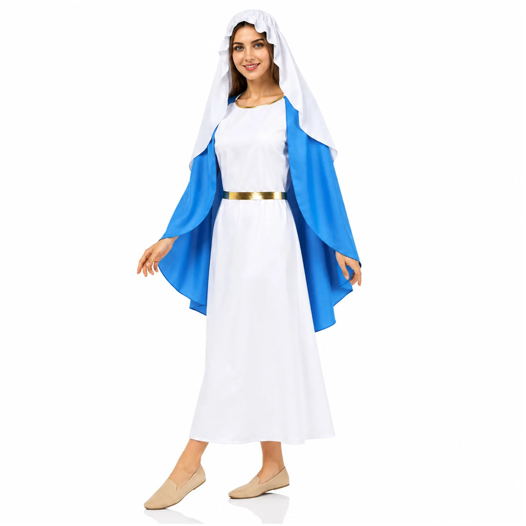 Woman wearing the full-length blue and white medieval lady costume with veil and gold belt.