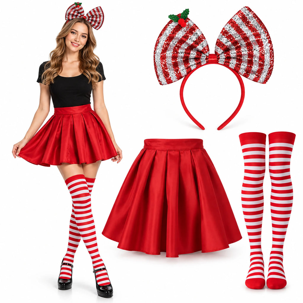 A woman wears the red pleated skirt, striped bow headband and over-knee socks beside the separate set pieces.