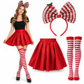 A woman wears the red pleated skirt, striped bow headband and over-knee socks beside the separate set pieces.