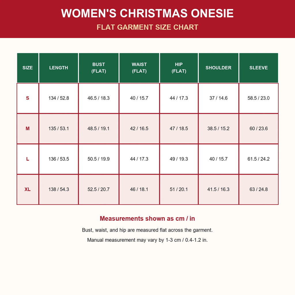 Women's Christmas onesie flat garment size chart from S to XL