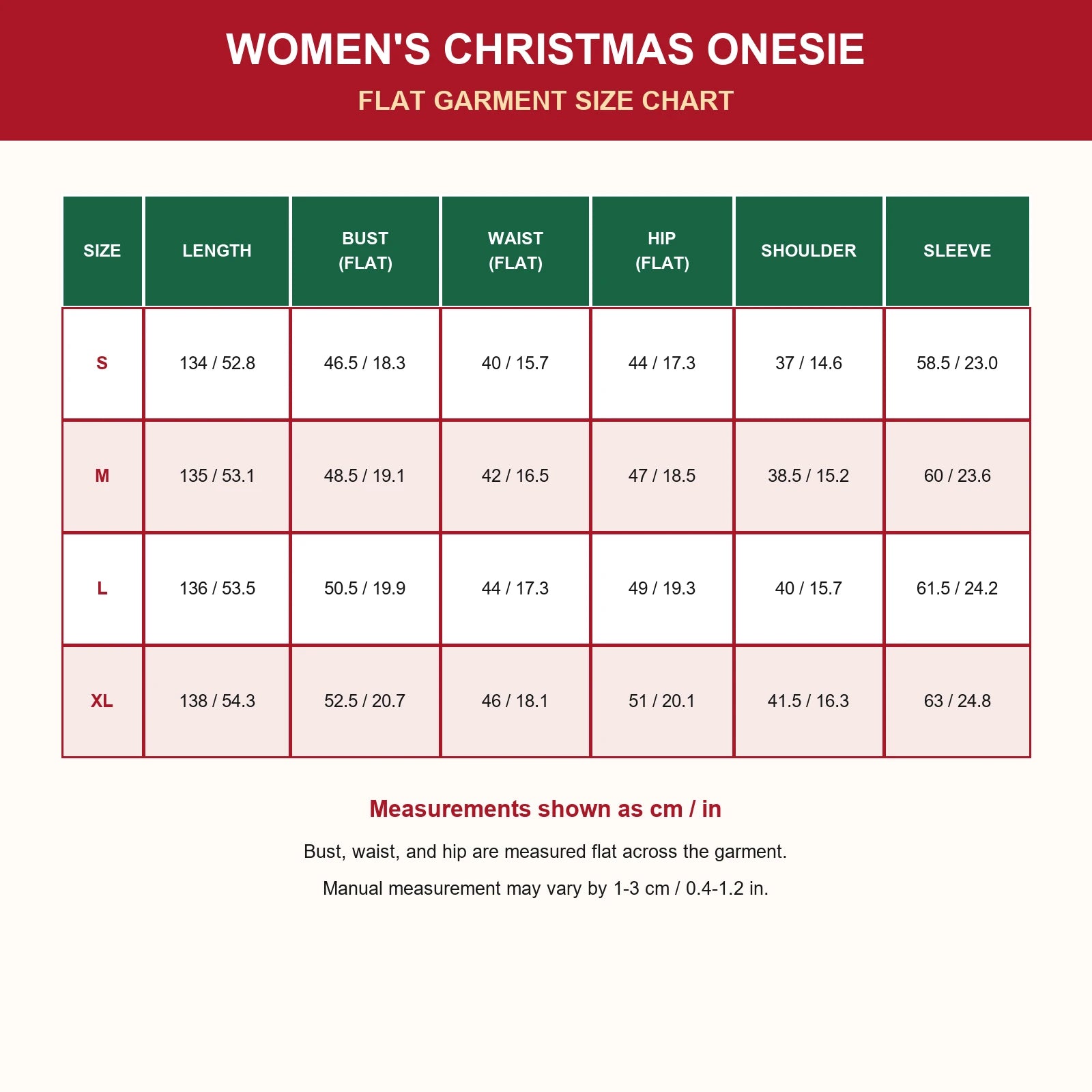 Women's Christmas onesie flat garment size chart from S to XL