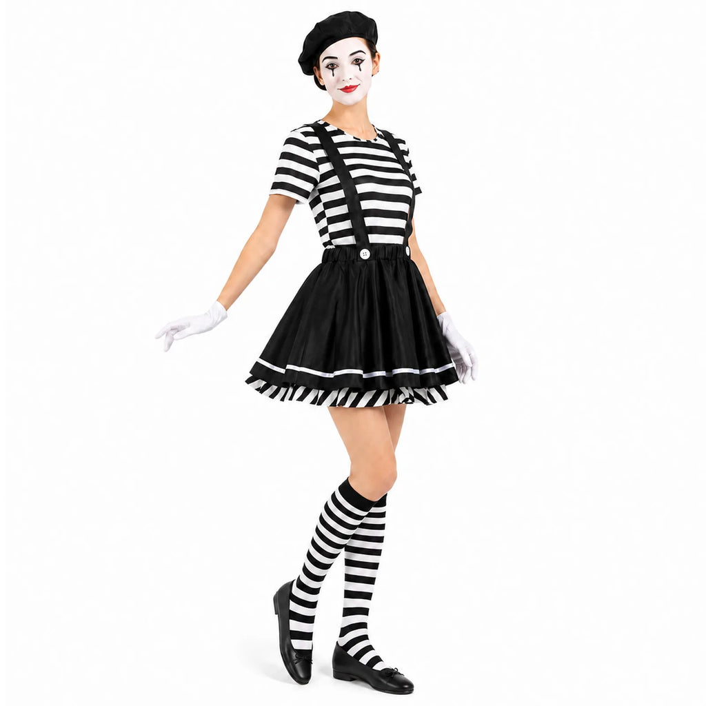 Women’s clown costume with black-and-white top and skirt shown from multiple angles
