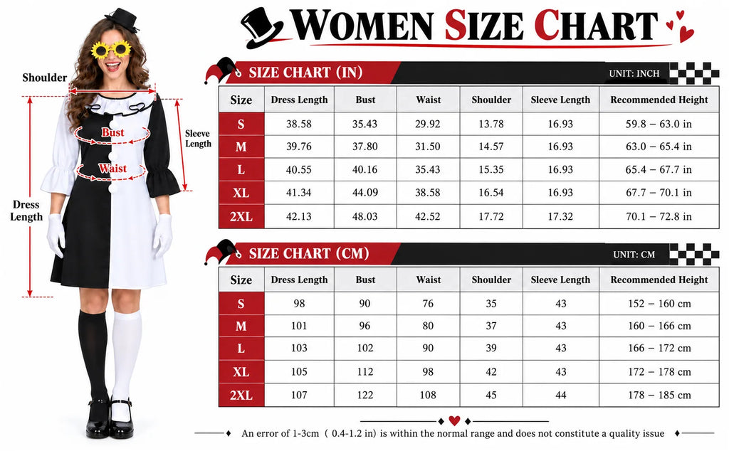 Women's clown costume size chart lists dress measurements for S through 2XL in inches and centimeters.