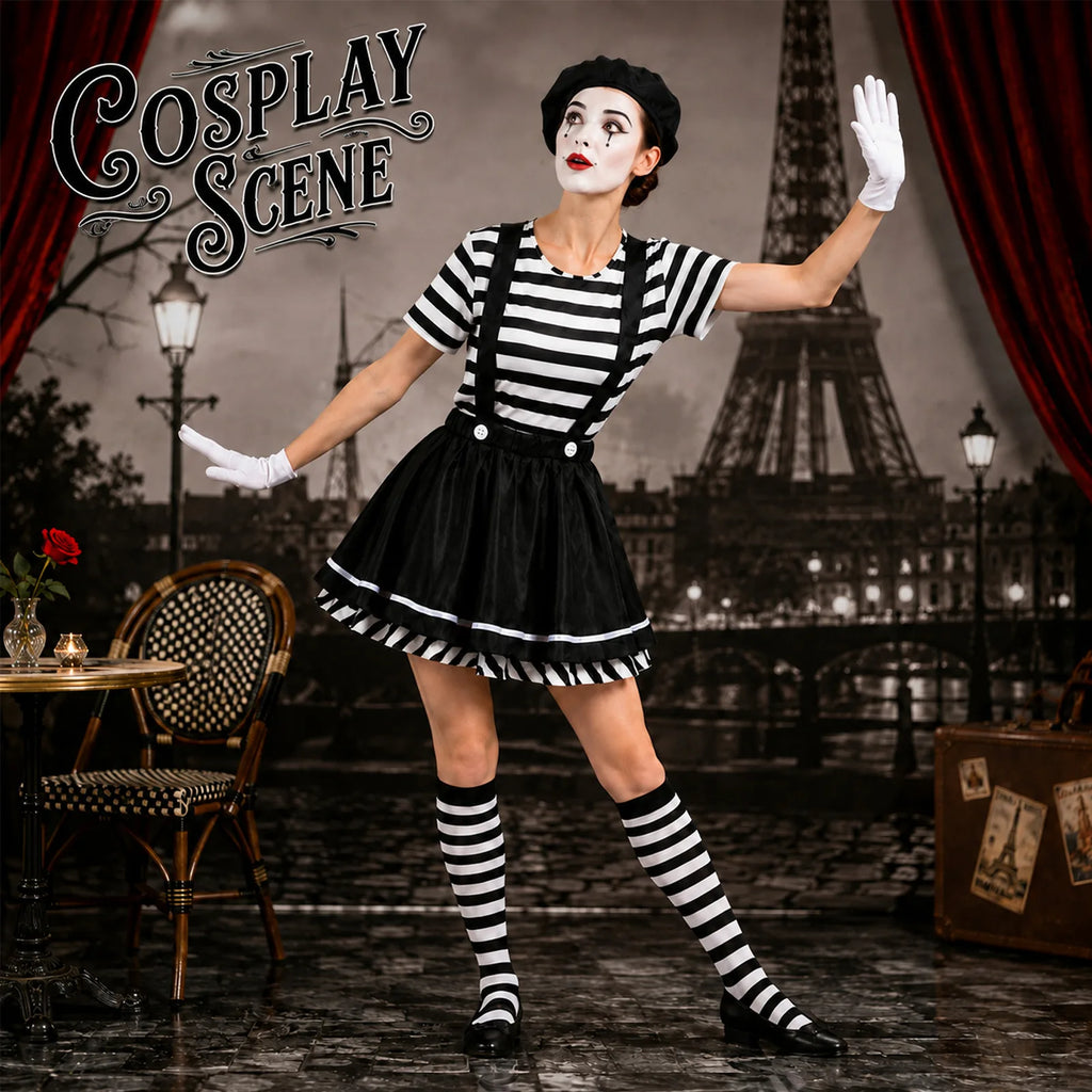 Women’s clown costumes for Halloween in black-and-white circus styling