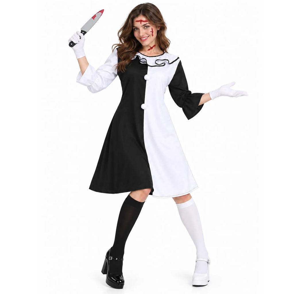 A woman models the Art the Clown-inspired black-and-white dress with mismatched socks, white gloves and the theatrical prop knife.