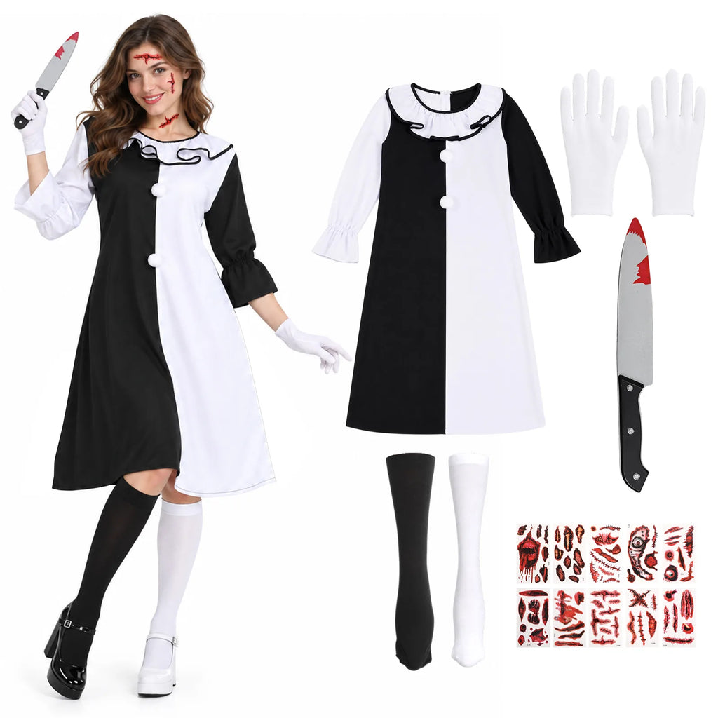 A model stands beside the Art the Clown-inspired dress, white gloves, mismatched socks, prop knife and temporary scar tattoo sheets.